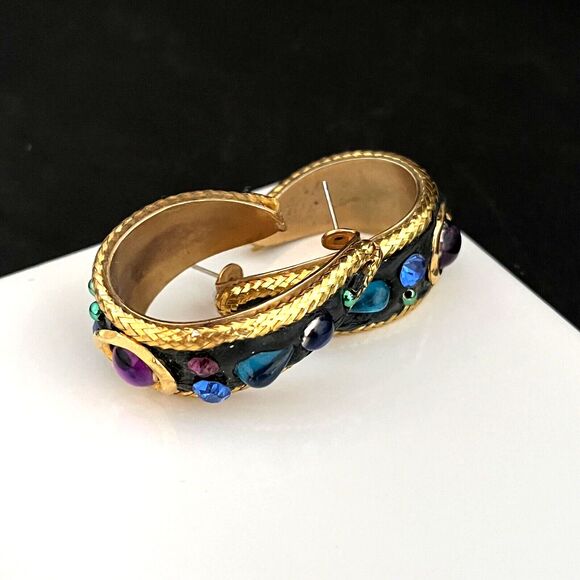 Vintage Earrings Gripoix Style Gold Tone Hoops Blue Cabochons Classic Chic 7J - Picture 7 of 9